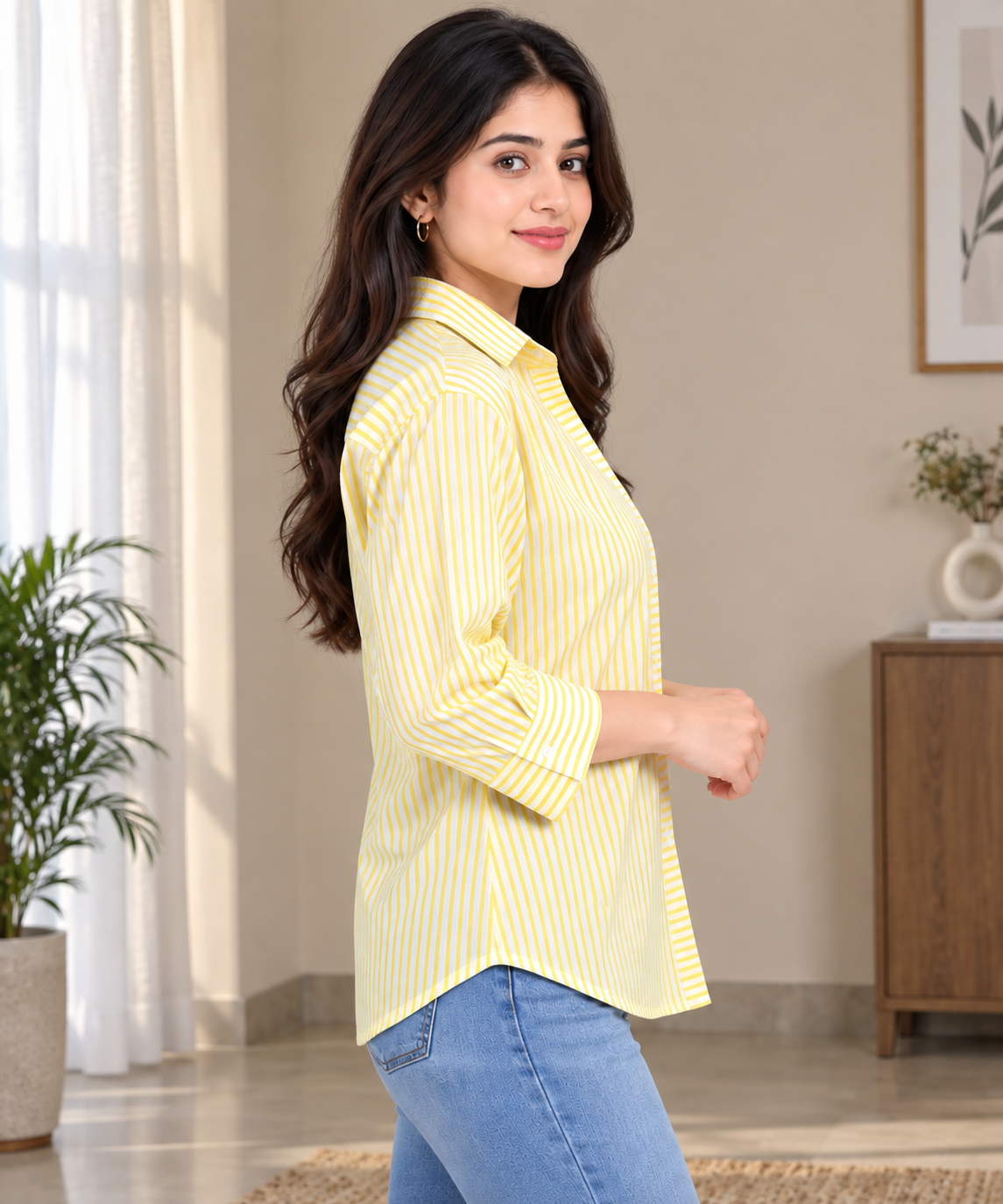 Yellow and White Vertical Striped 100% Pure Cotton Women's Shirt