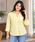 Yellow and White Vertical Striped 100% Pure Cotton Women's Shirt