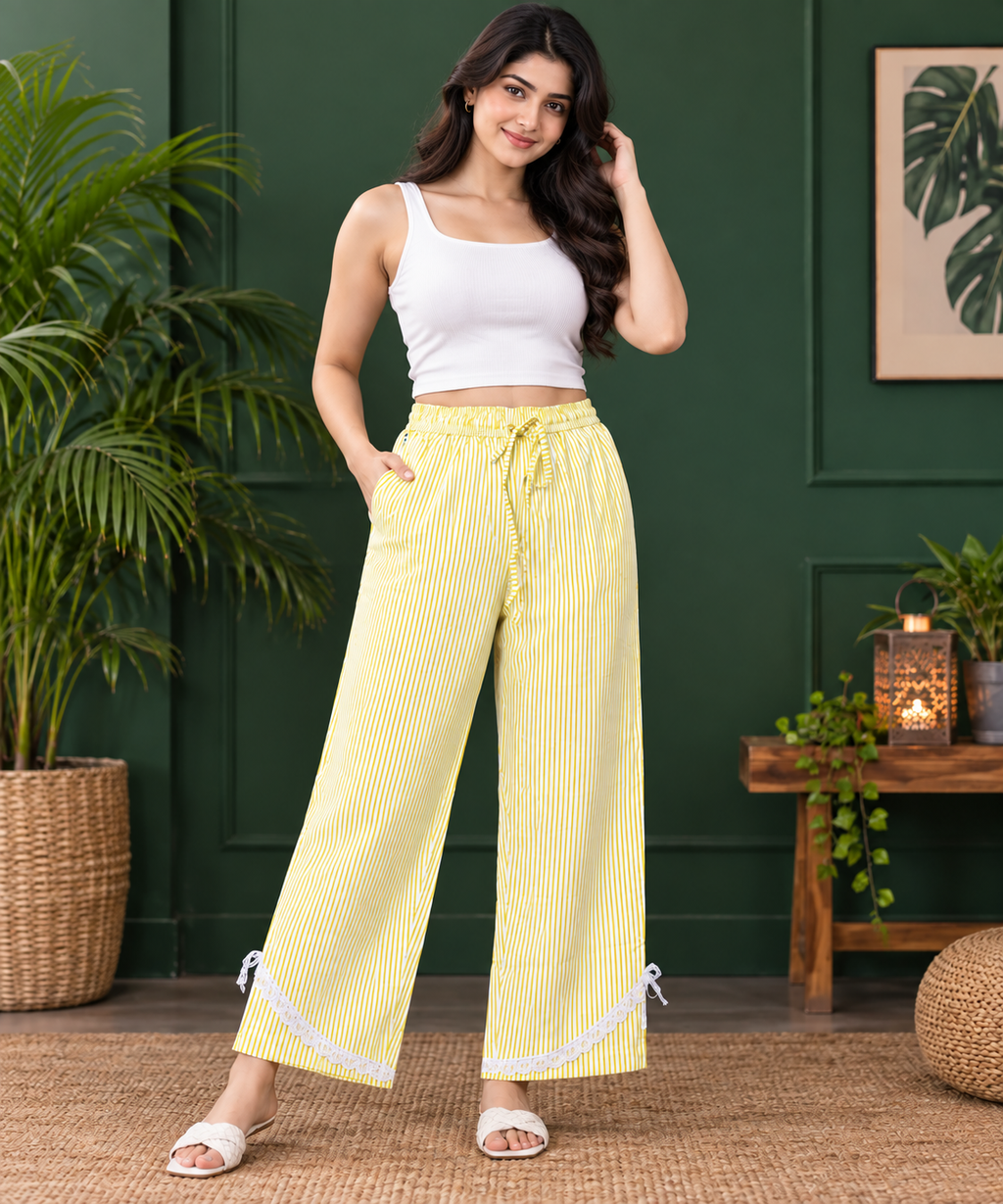 Women’s Cotton Palazzo Pants with Lace Hem