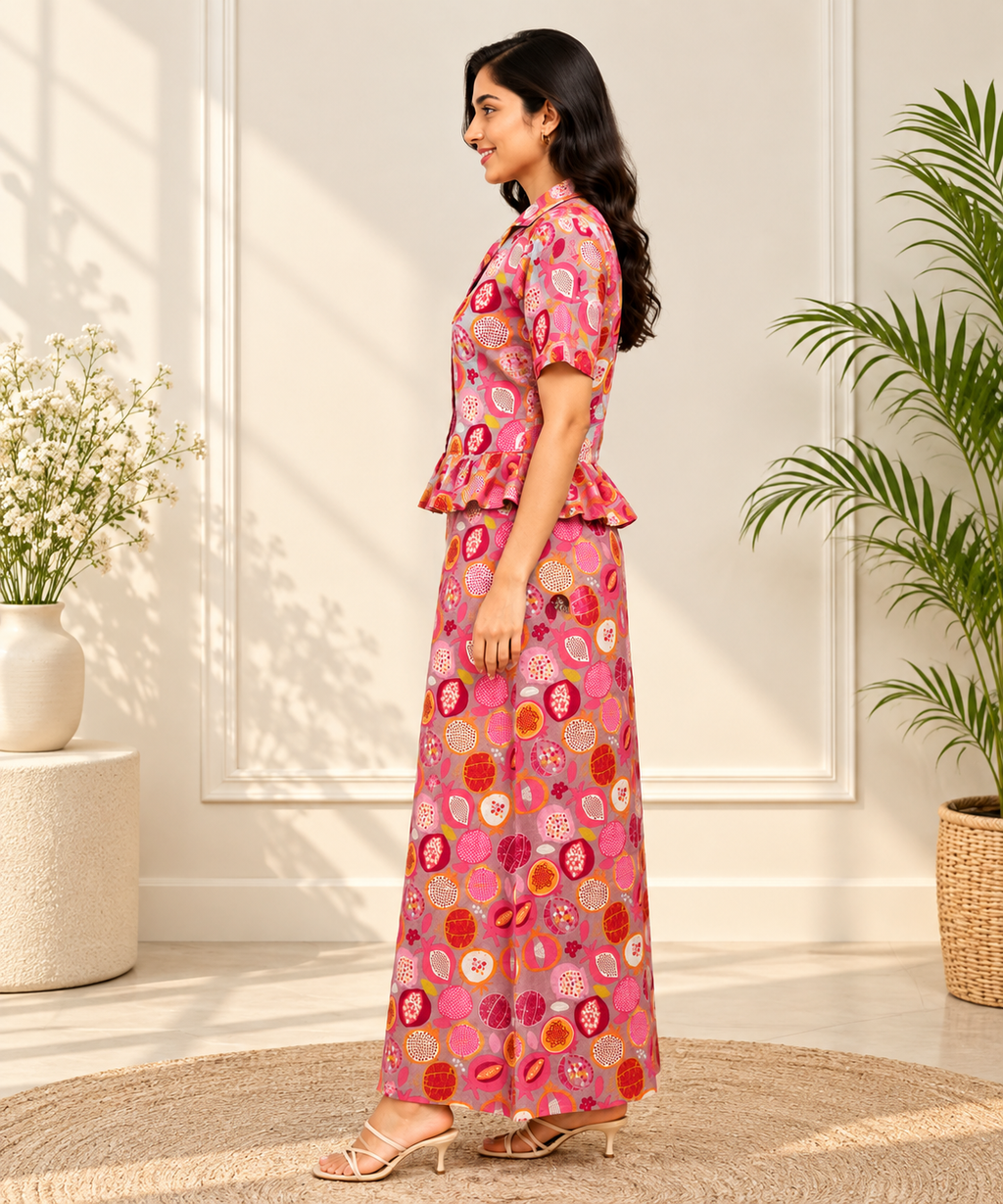 Women's Cotton Pomegranate Print Peplum Top & Maxi Skirt Co-Ord Set