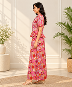 Women's Cotton Pomegranate Print Peplum Top & Maxi Skirt Co-Ord Set