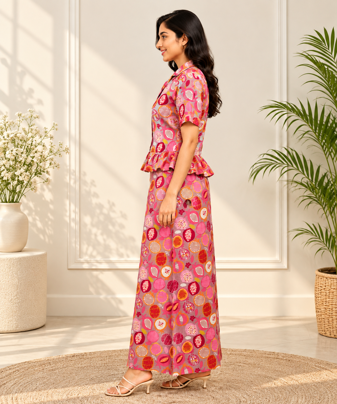 Women's Cotton Pomegranate Print Peplum Top & Maxi Skirt Co-Ord Set