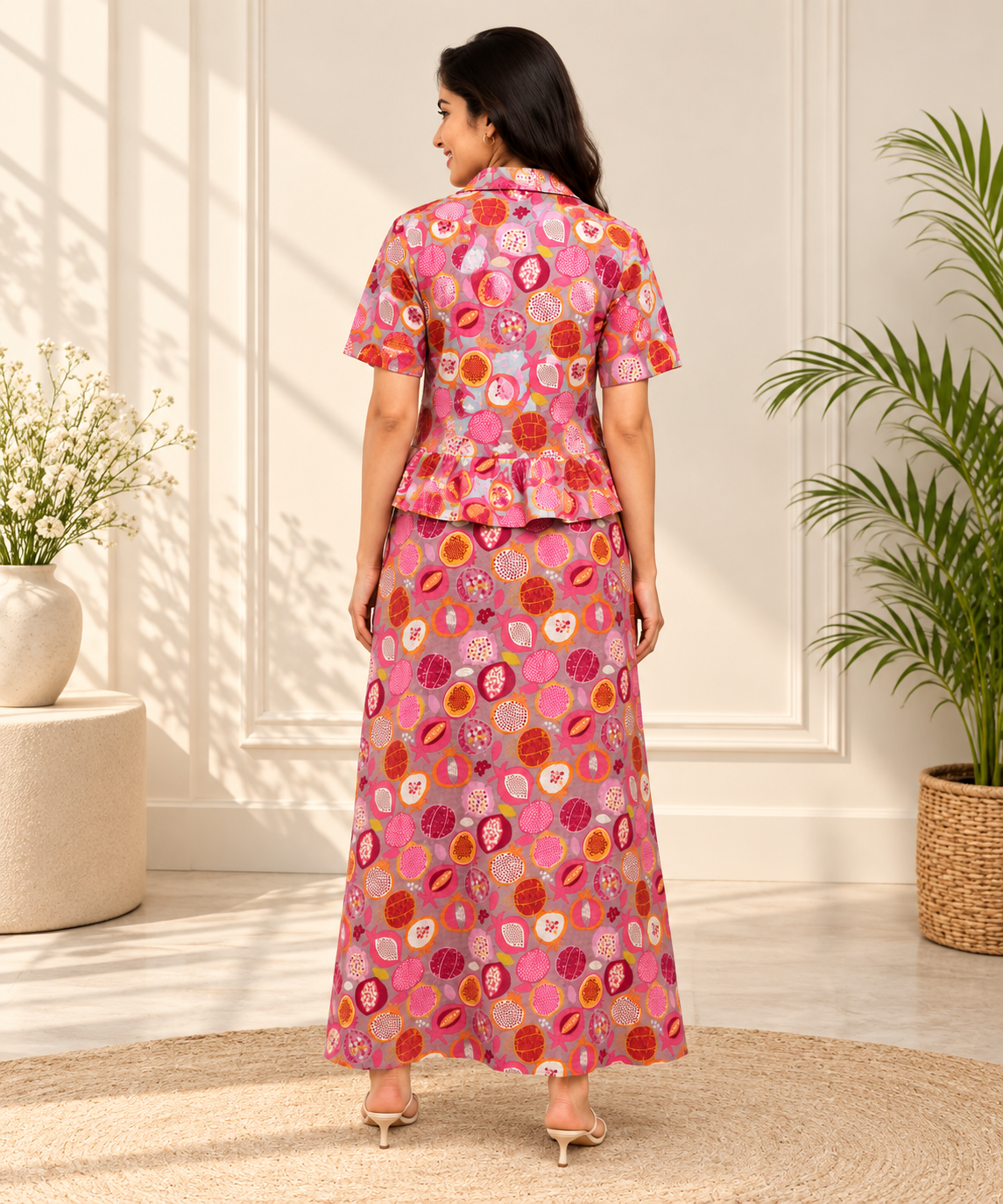 Women's Cotton Pomegranate Print Peplum Top & Maxi Skirt Co-Ord Set