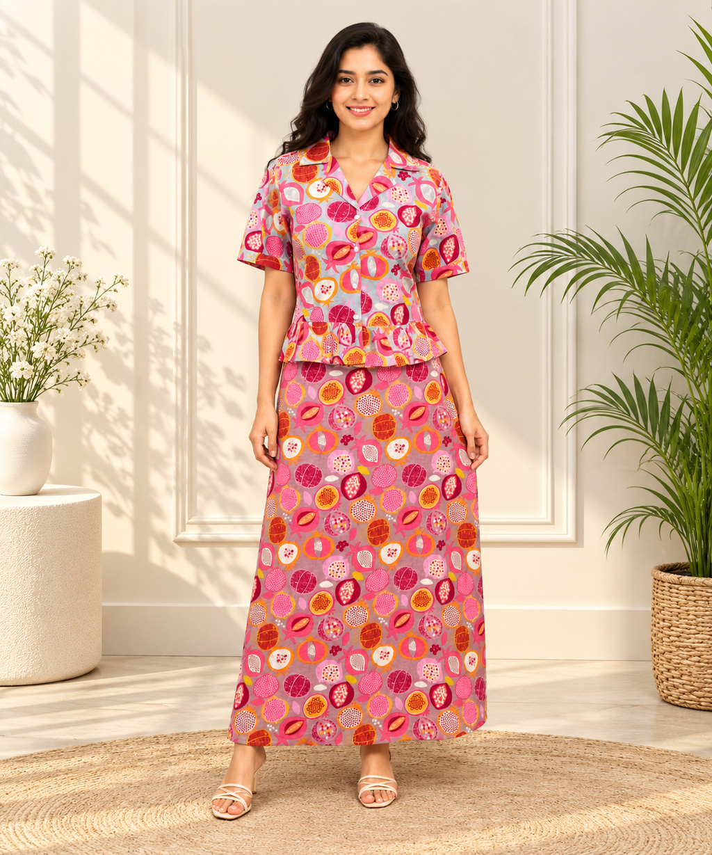 Women's Cotton Pomegranate Print Peplum Top & Maxi Skirt Co-Ord Set
