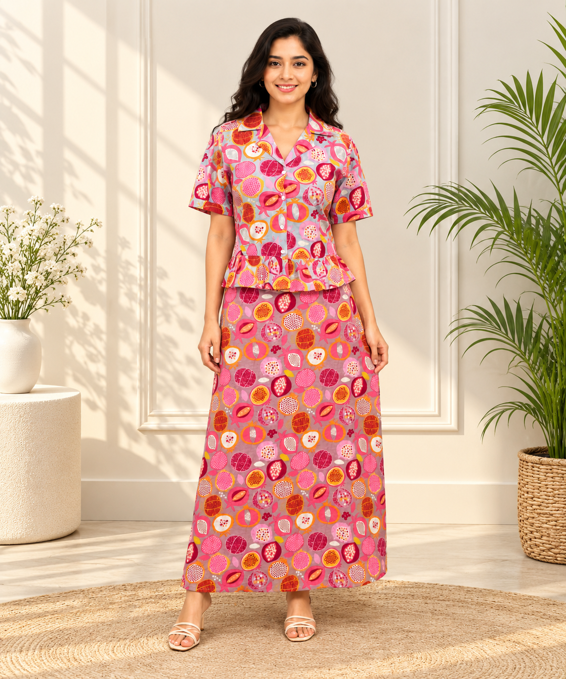 Women's Cotton Pomegranate Print Peplum Top & Maxi Skirt Co-Ord Set