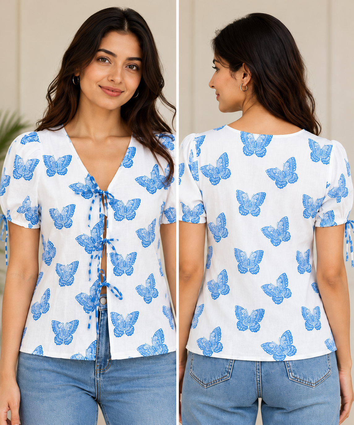 Blue Butterfly Print Cotton Tie-Front Top