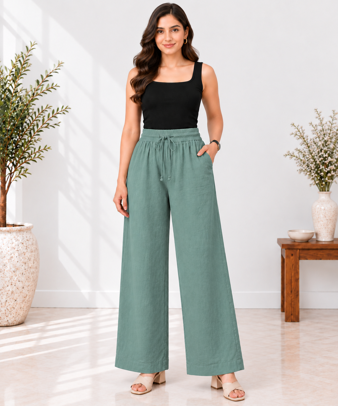 Women’s Pure Cotton High-Waist Wide-Leg Palazzo Pant