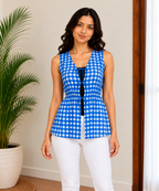 Blue Gingham Cotton Sleeveless Tie-Front Peplum Top for Women