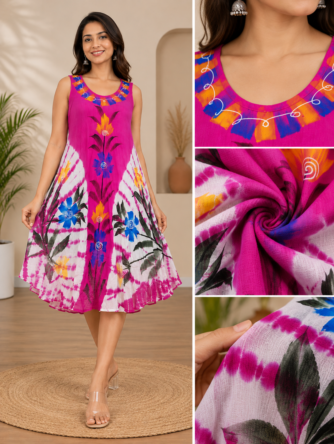 Vibrant Pink Floral Tie-Dye Rayon Midi Dress