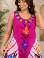 Vibrant Pink Floral Tie-Dye Rayon Midi Dress