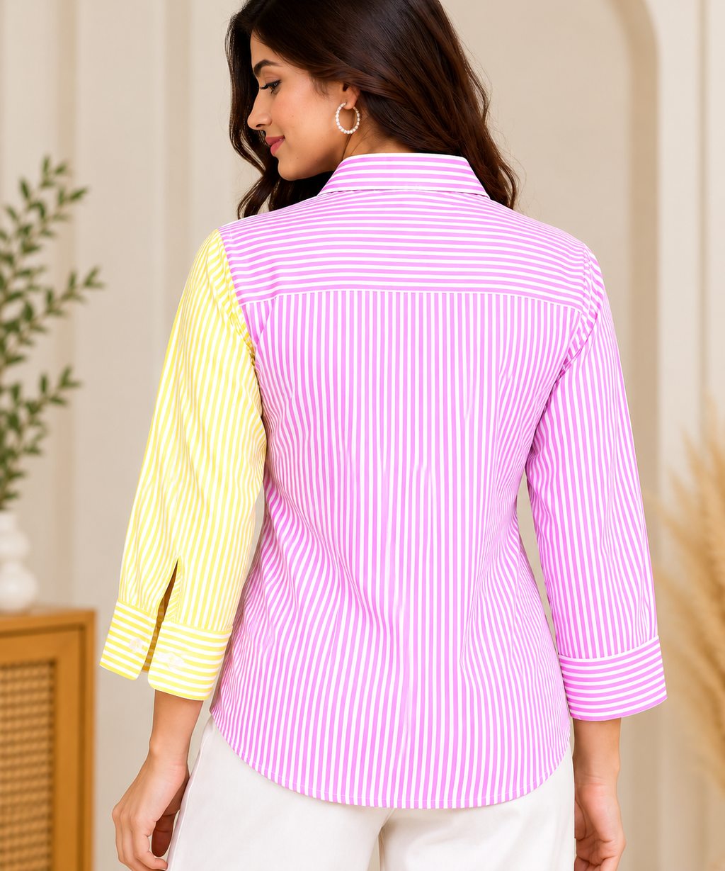 Pink & Yellow Striped Cotton Wrap Blouse for Women