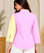 Pink & Yellow Striped Cotton Wrap Blouse for Women