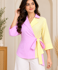 Pink & Yellow Striped Cotton Wrap Blouse for Women