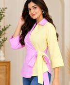Pink & Yellow Striped Cotton Wrap Blouse for Women