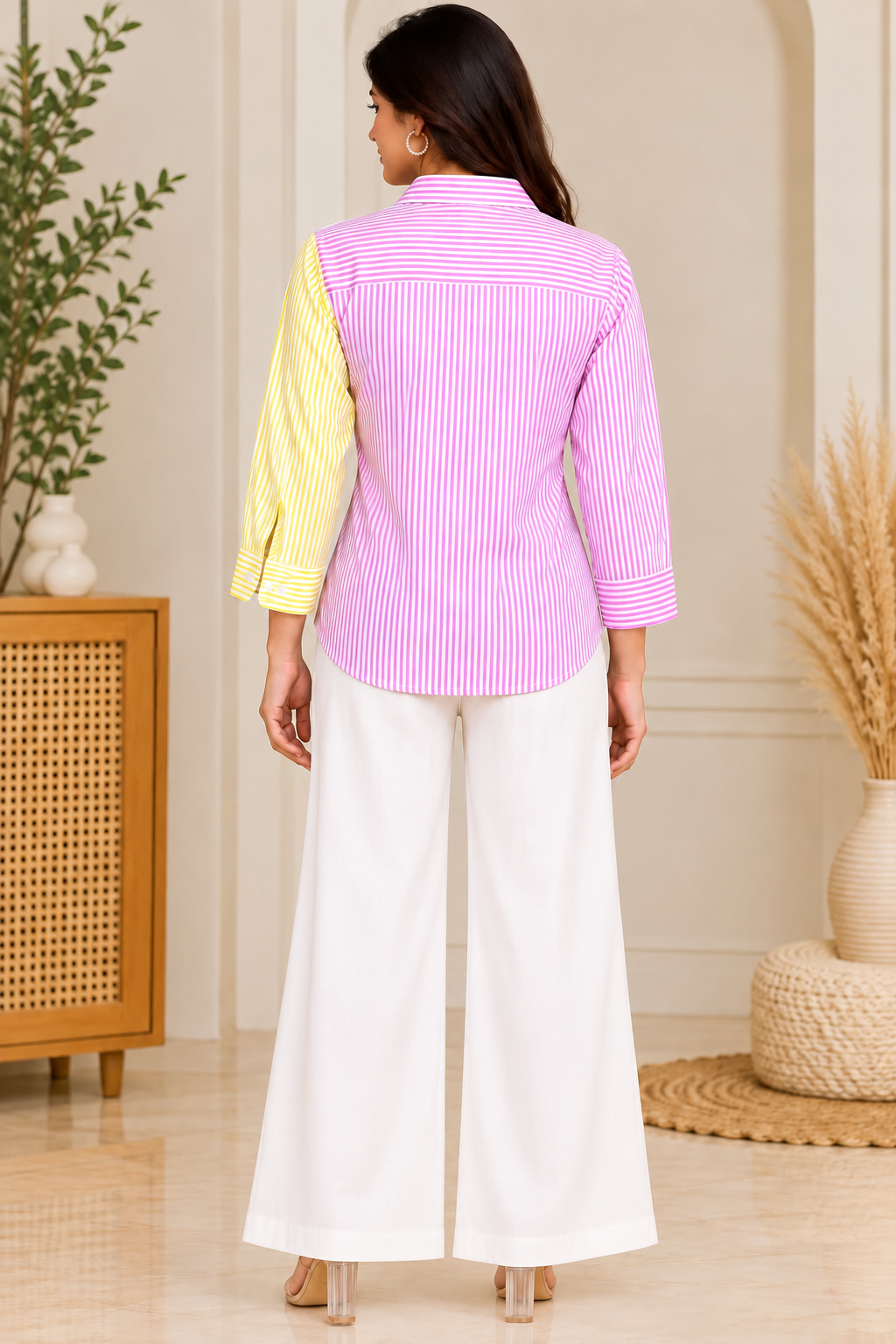 Pink & Yellow Striped Cotton Wrap Blouse for Women