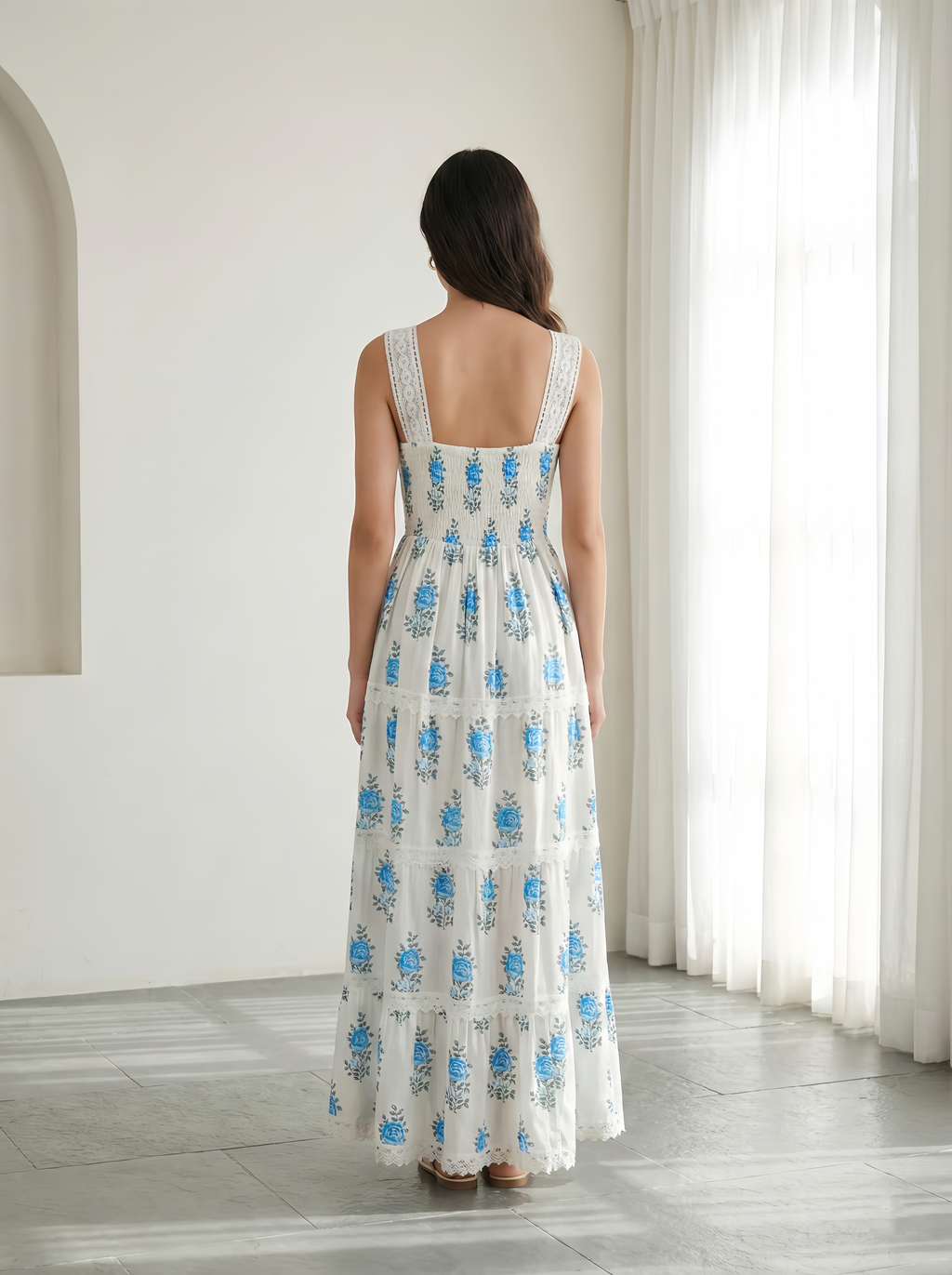 Women's 100% Cotton Blue Floral Lace Maxi Dress