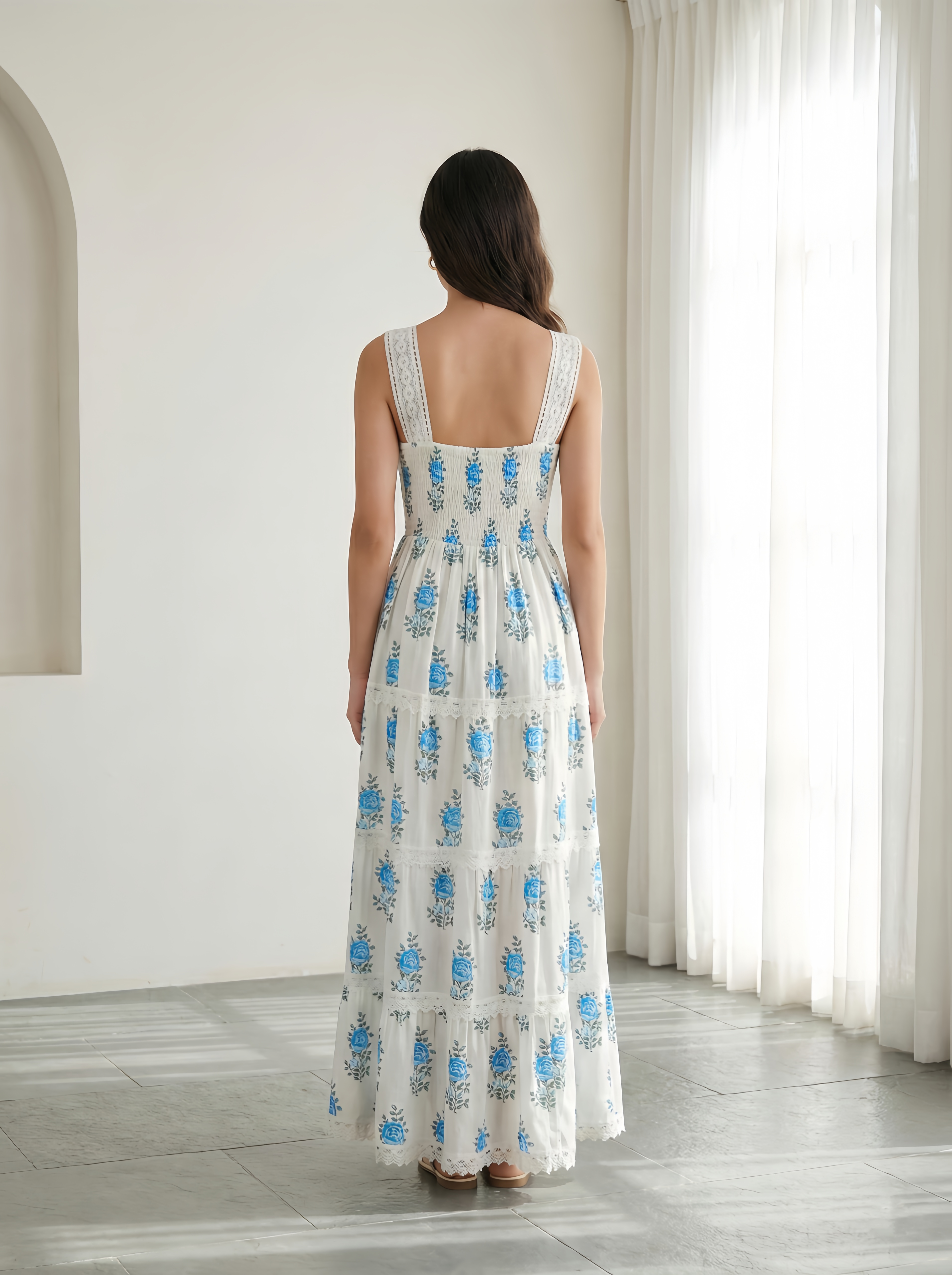 Women's 100% Cotton Blue Floral Lace Maxi Dress