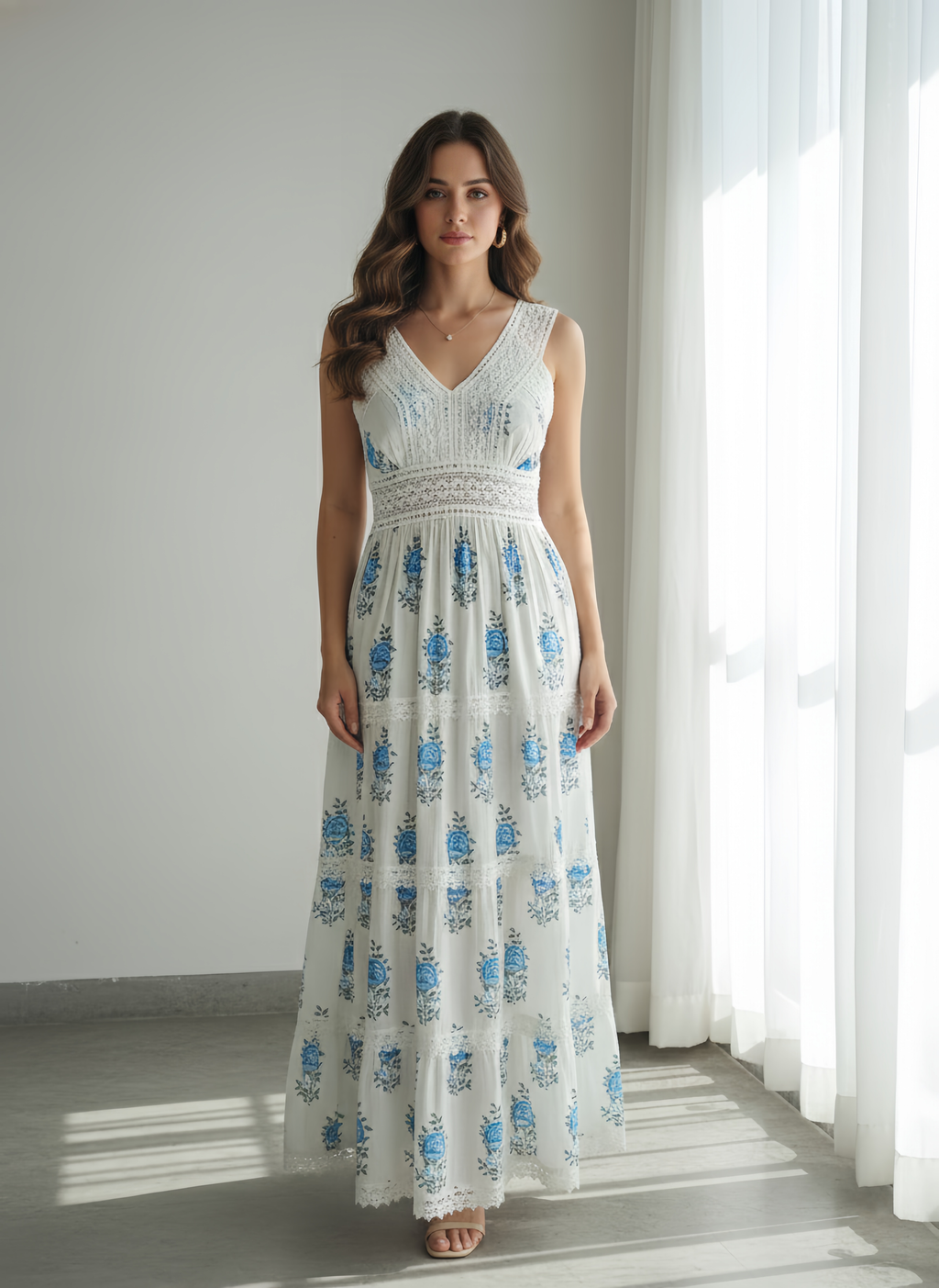 Women's 100% Cotton Blue Floral Lace Maxi Dress
