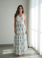 Women's 100% Cotton Blue Floral Lace Maxi Dress