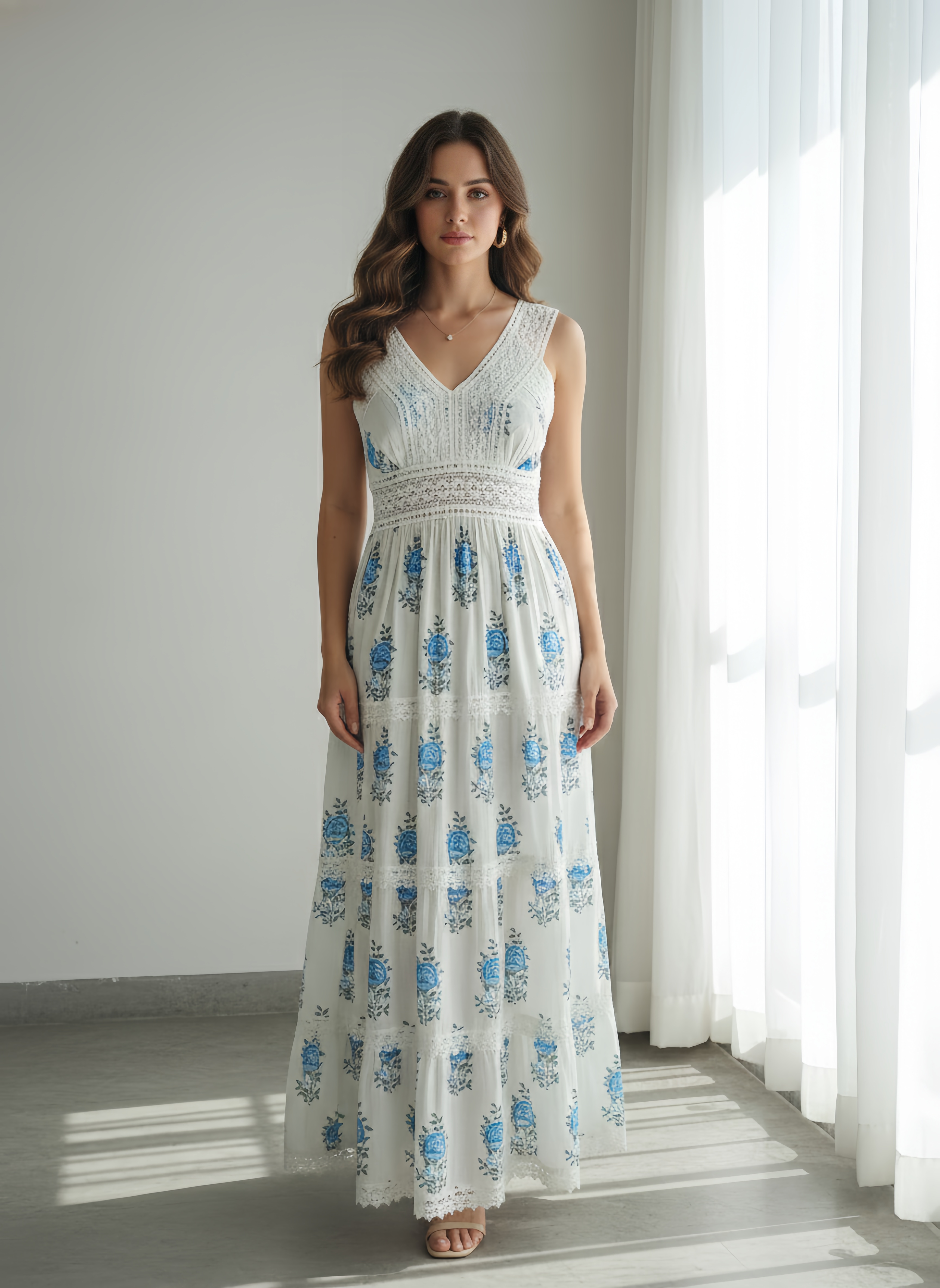 Women's 100% Cotton Blue Floral Lace Maxi Dress