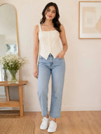 Women’s Cotton Eyelet Top | Square Neck Pearl Button Top