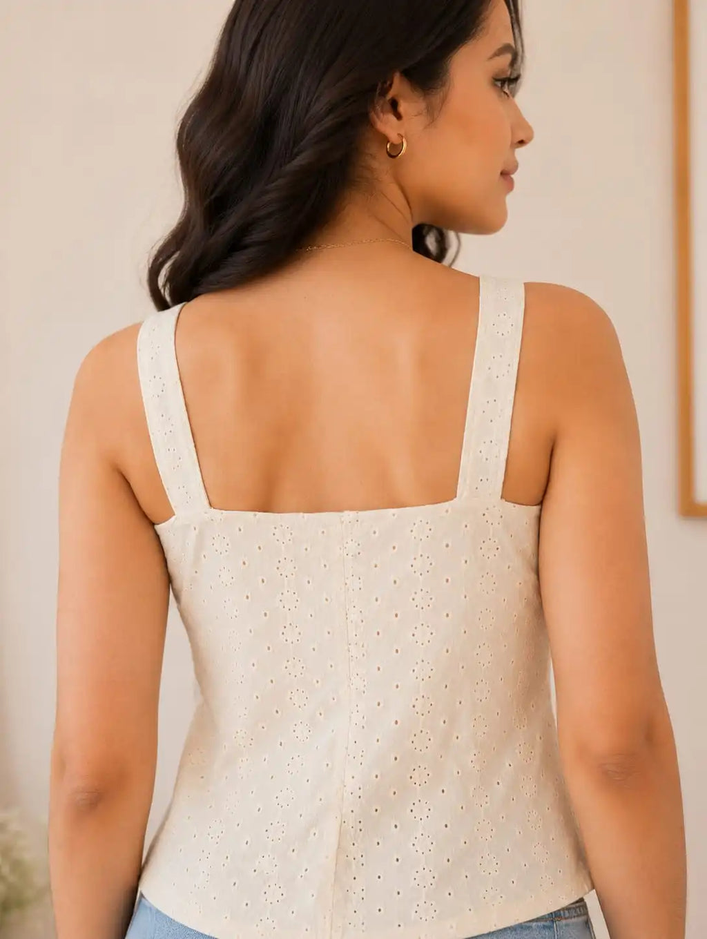 Women’s Cotton Eyelet Top | Square Neck Pearl Button Top