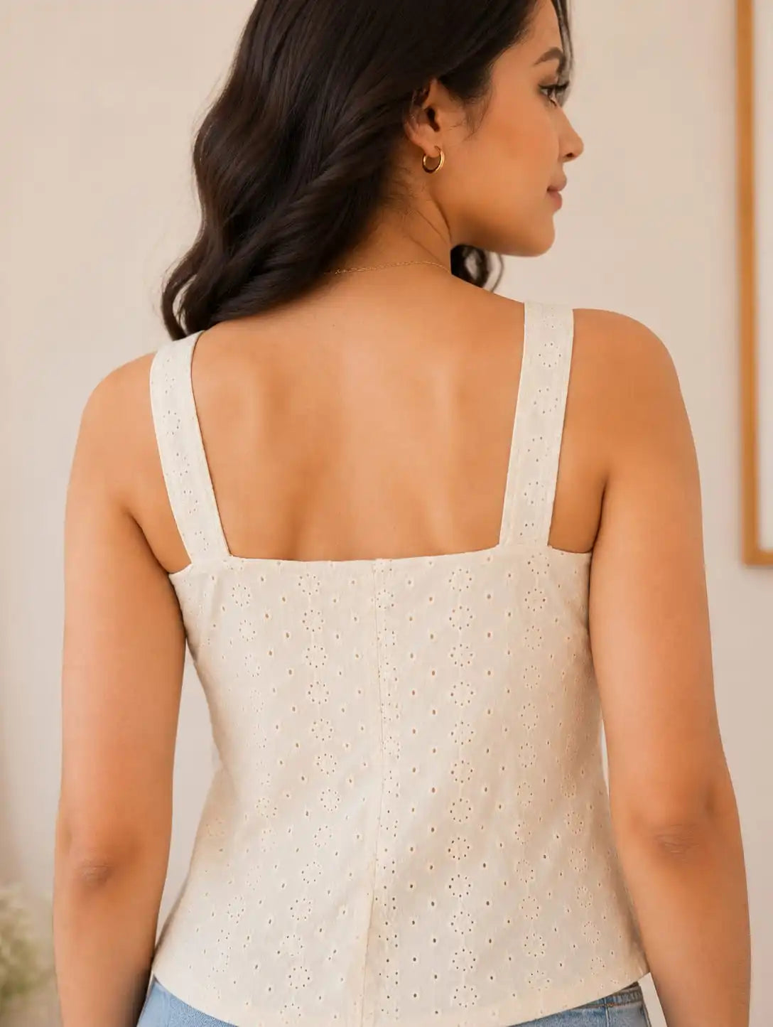 Women’s Cotton Eyelet Top | Square Neck Pearl Button Top