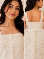 Women’s Cotton Eyelet Top | Square Neck Pearl Button Top
