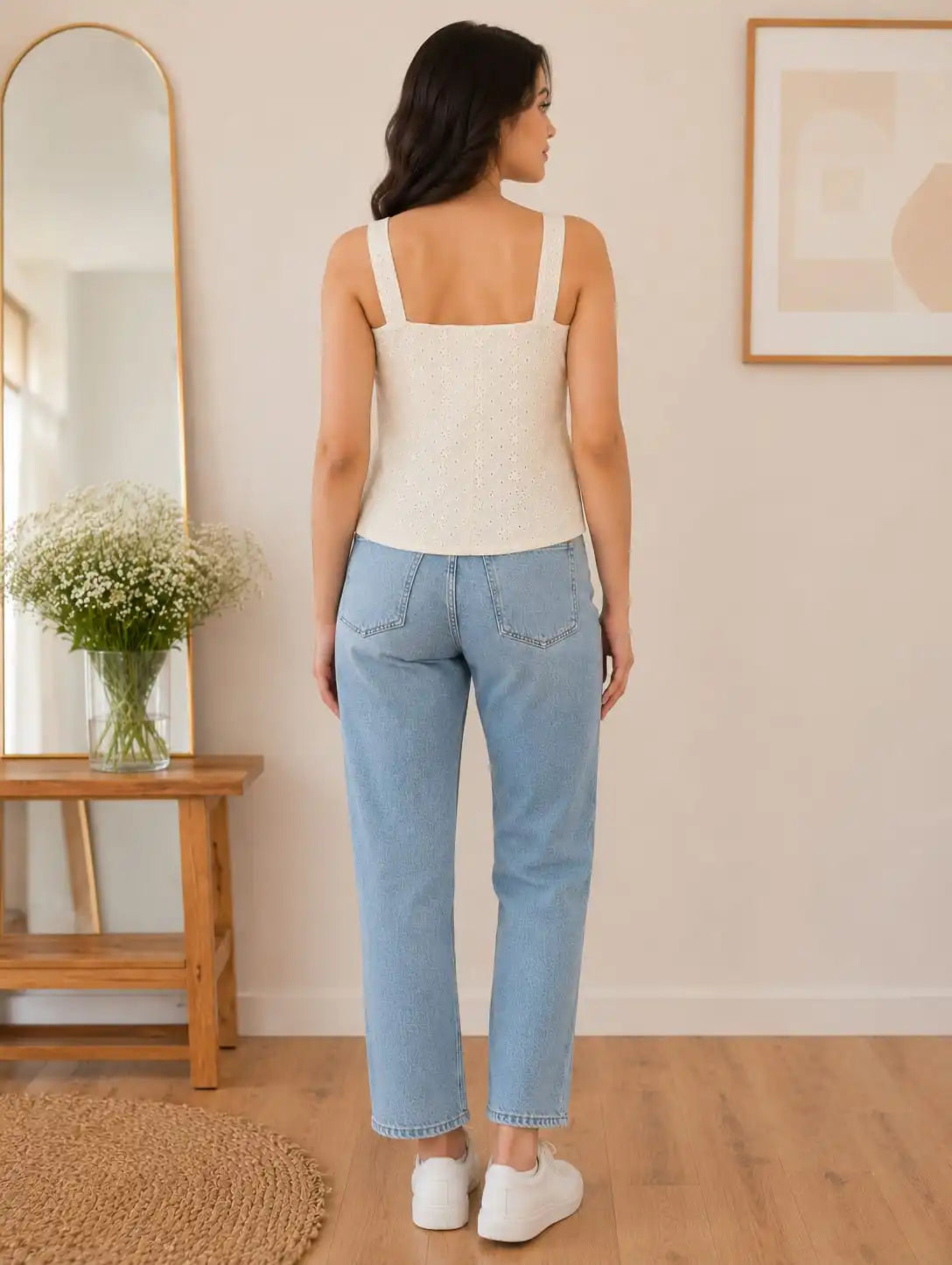 Women’s Cotton Eyelet Top | Square Neck Pearl Button Top