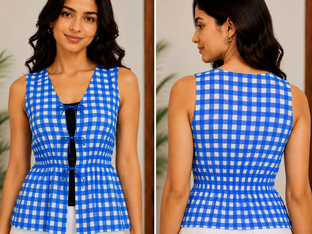 Blue Gingham Cotton Sleeveless Tie-Front Peplum Top for Women