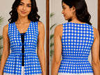 Blue Gingham Cotton Sleeveless Tie-Front Peplum Top for Women