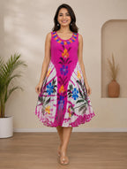 Vibrant Pink Floral Tie-Dye Rayon Midi Dress