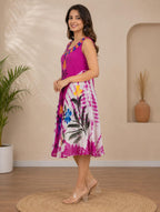 Vibrant Pink Floral Tie-Dye Rayon Midi Dress