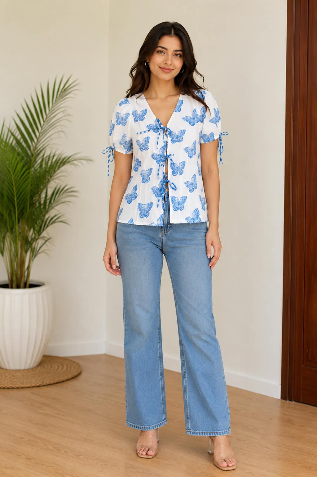 Blue Butterfly Print Front Tie-Up Cotton Women Top