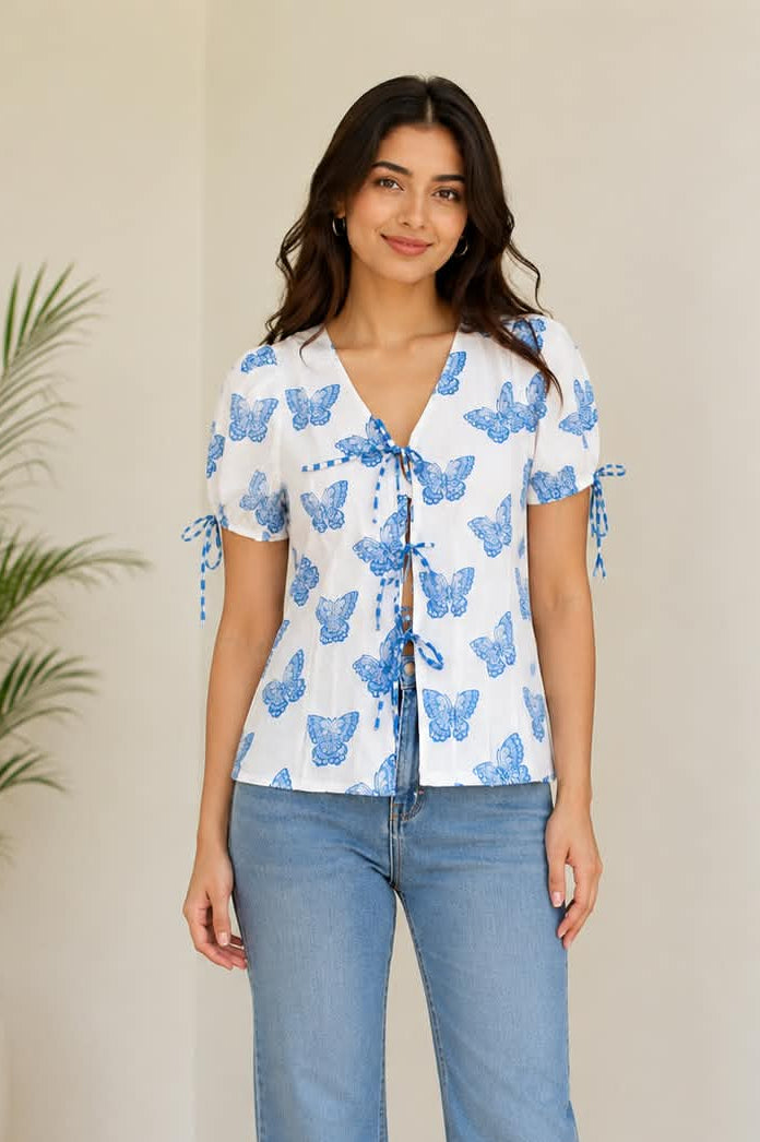 Blue Butterfly Print Cotton Tie-Front Top