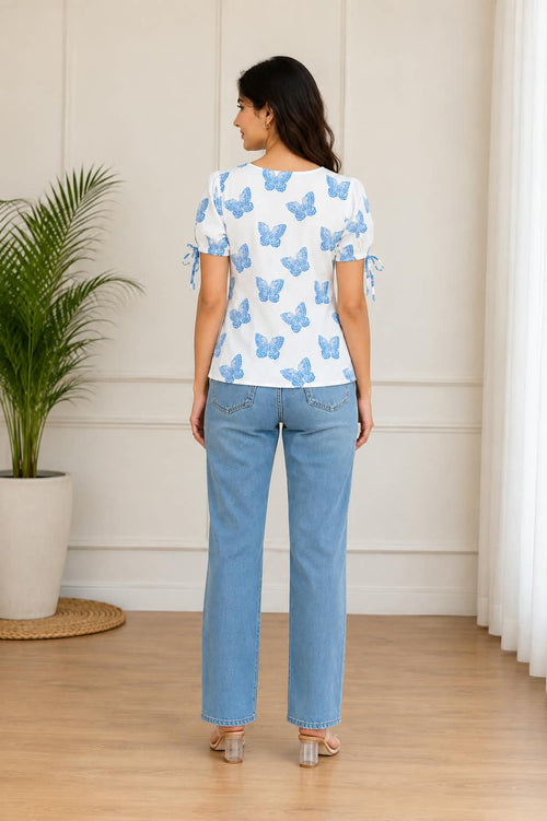 Blue Butterfly Print Front Tie-Up Cotton Women Top