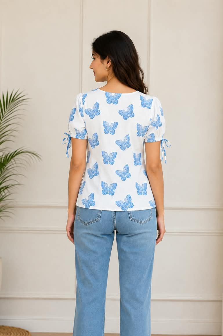 Blue Butterfly Print Cotton Tie-Front Top