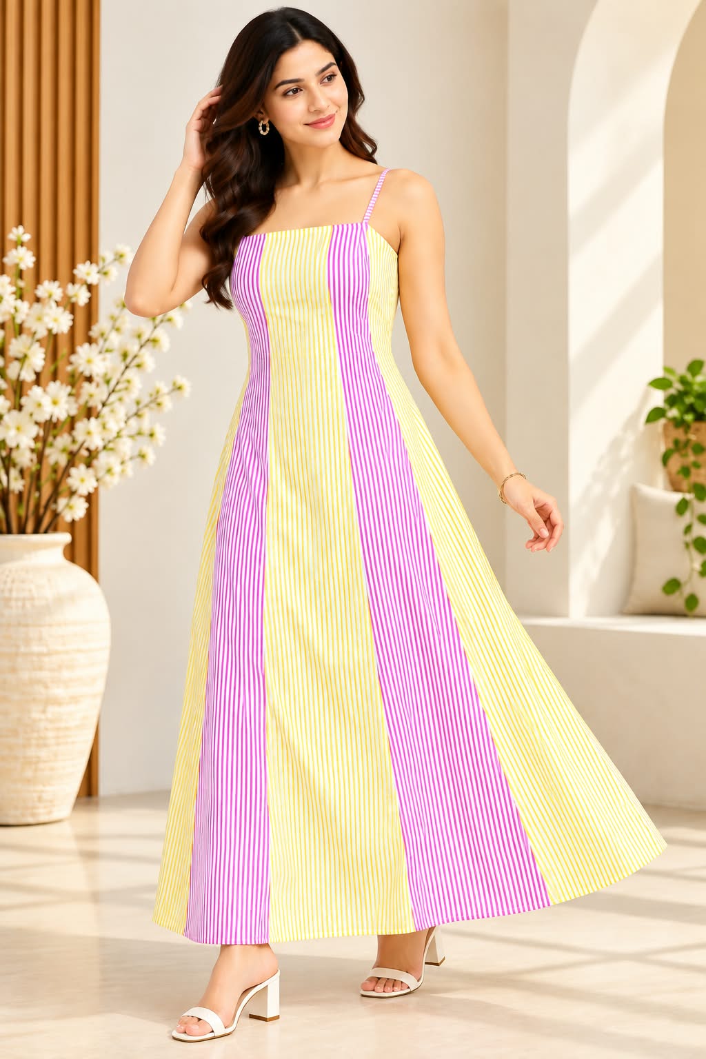 Vibrant Yellow & Pink Striped Cotton Cami Maxi Dress