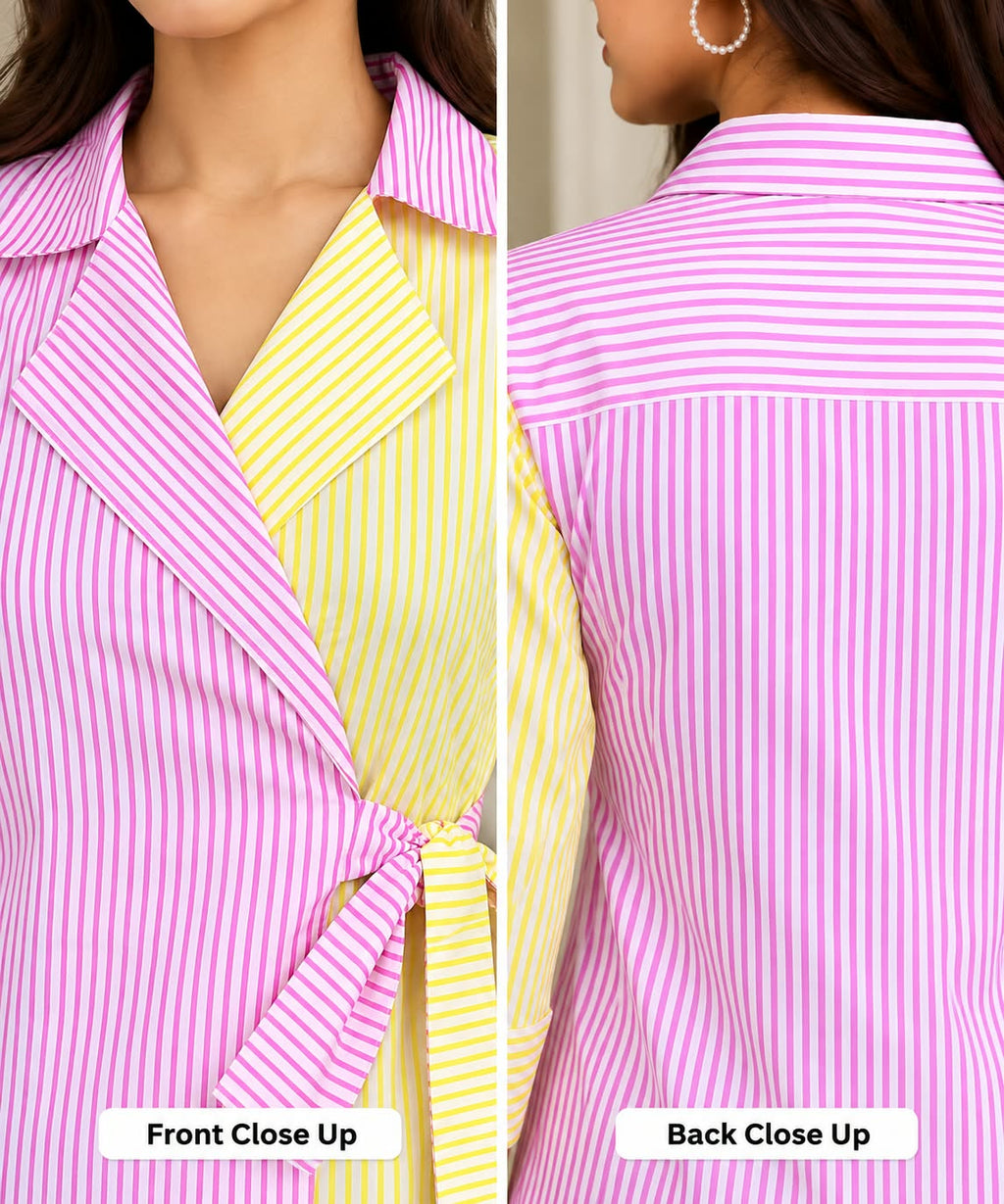 Pink & Yellow Striped Cotton Wrap Blouse for Women