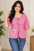 Pink Gingham Cotton Tie-Front Top with Lace Trim & Heart Detail