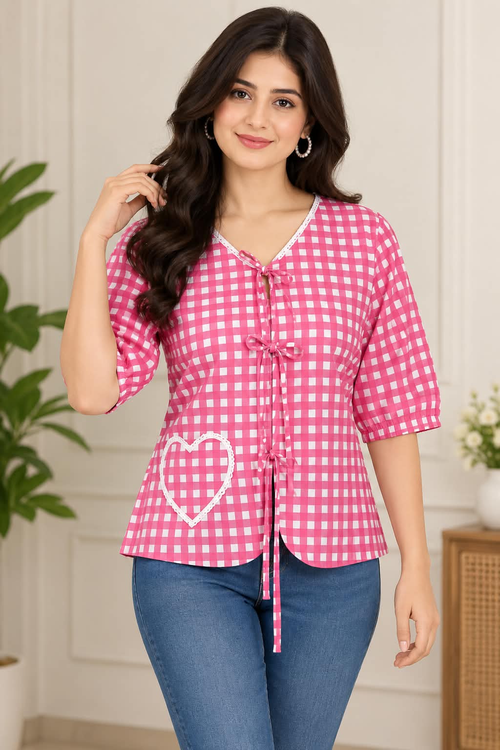 Pink Gingham Cotton Tie-Front Top with Lace Trim & Heart Detail