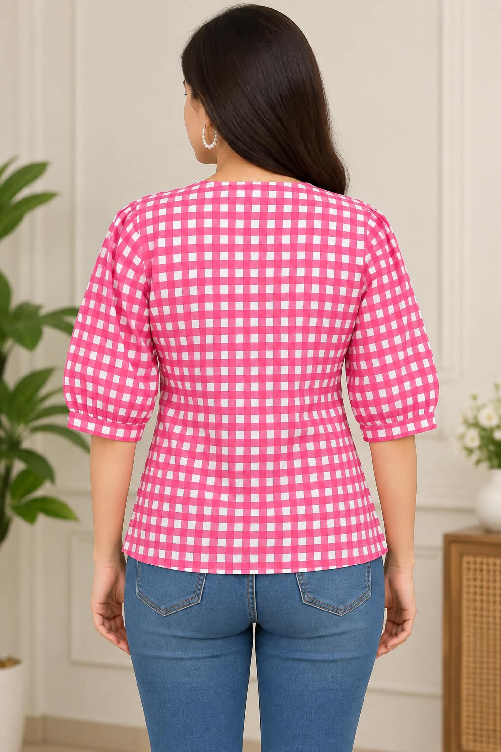 Pink Gingham Cotton Tie-Front Top with Lace Trim & Heart Detail