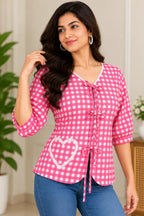 Pink Gingham Cotton Tie-Front Top with Lace Trim & Heart Detail
