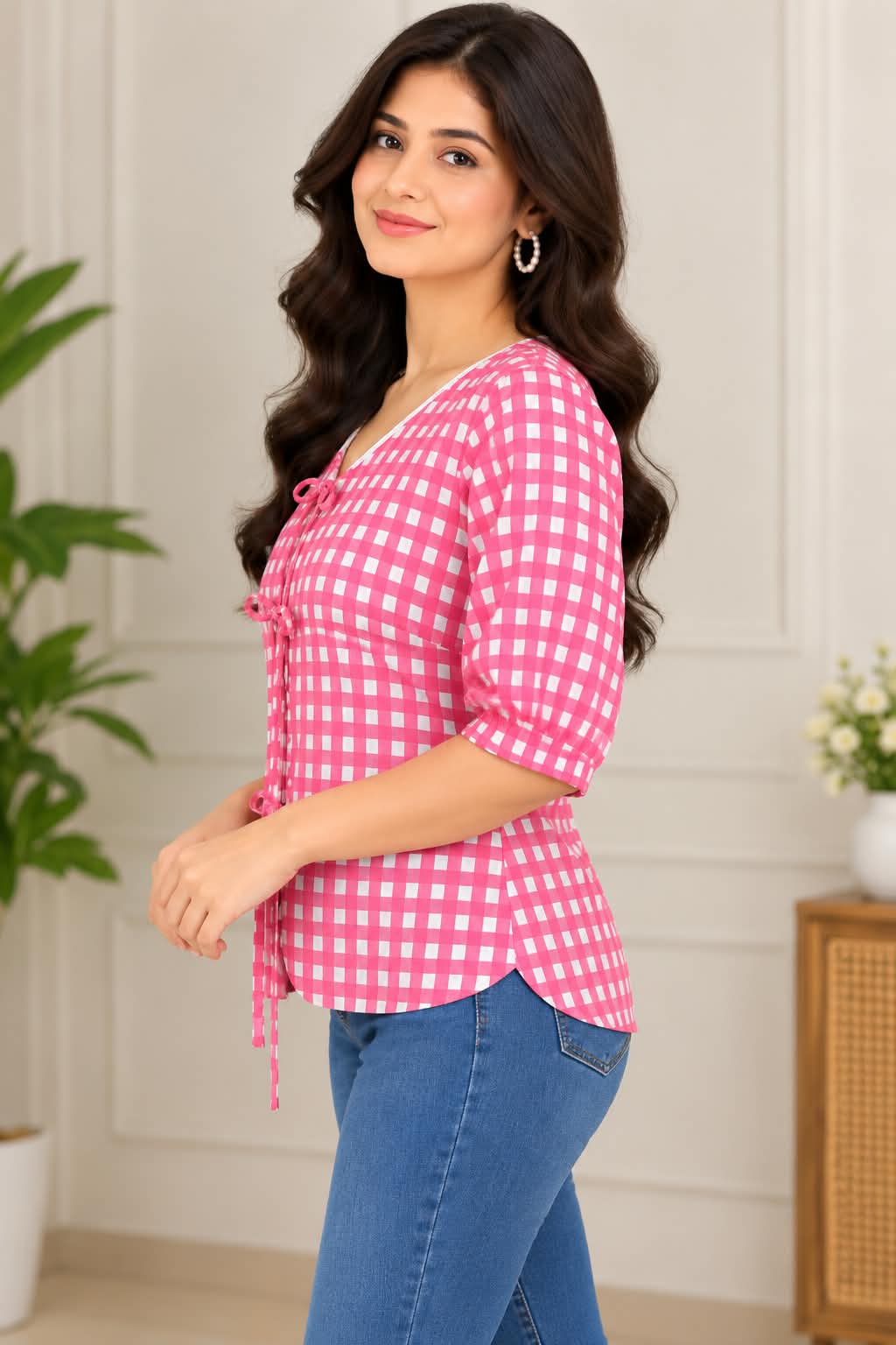 Pink Gingham Cotton Tie-Front Top with Lace Trim & Heart Detail