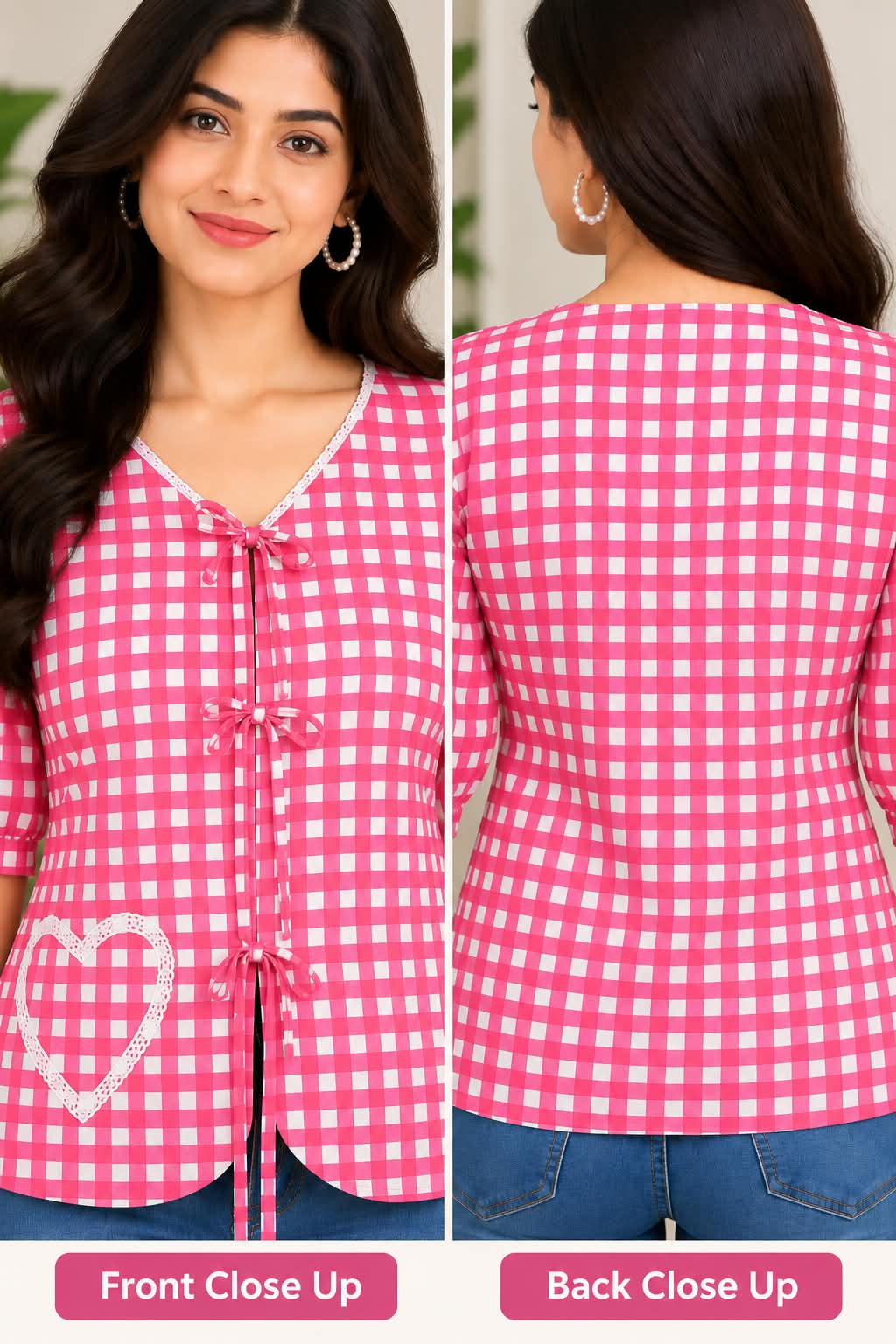 Pink Gingham Cotton Tie-Front Top with Lace Trim & Heart Detail