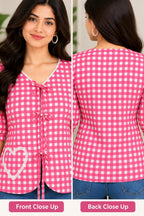 Pink Gingham Cotton Tie-Front Top with Lace Trim & Heart Detail