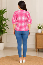 Pink Gingham Cotton Tie-Front Top with Lace Trim & Heart Detail