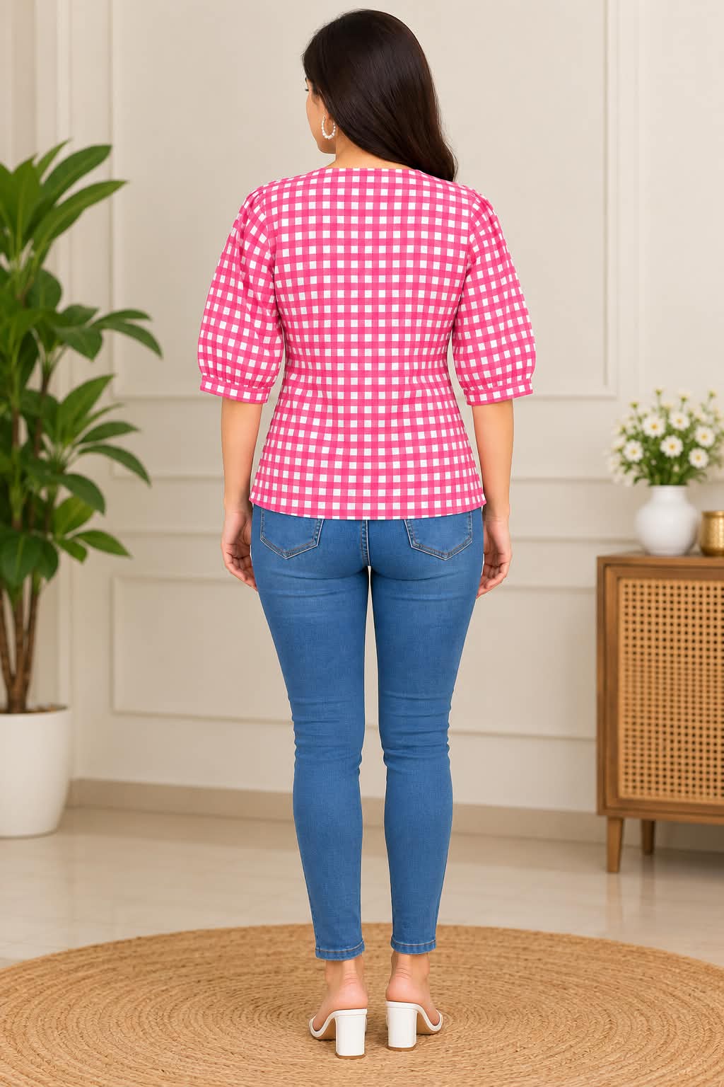 Pink Gingham Cotton Tie-Front Top with Lace Trim & Heart Detail