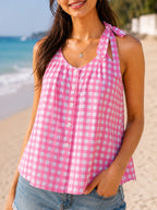 Pink Gingham Check Cotton Halter Neck Sleeveless Top