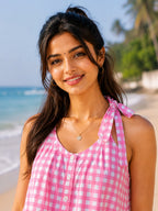 Pink Gingham Check Cotton Halter Neck Sleeveless Top